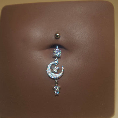 Steel Dangling Half-Moon Star Navel Belly Button Ring - YoniDa&