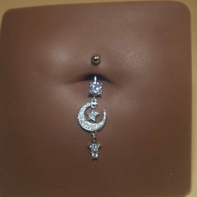 Steel Dangling Half-Moon Star Navel Belly Button Ring - YoniDa&