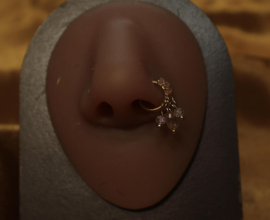 Nose Hoop Wire with Pink Three Beads Dangles