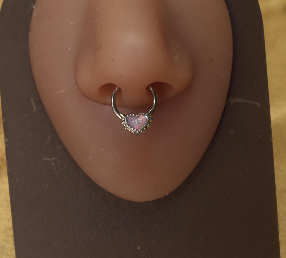 Radiant Pink Heart Silver Shiny Septum