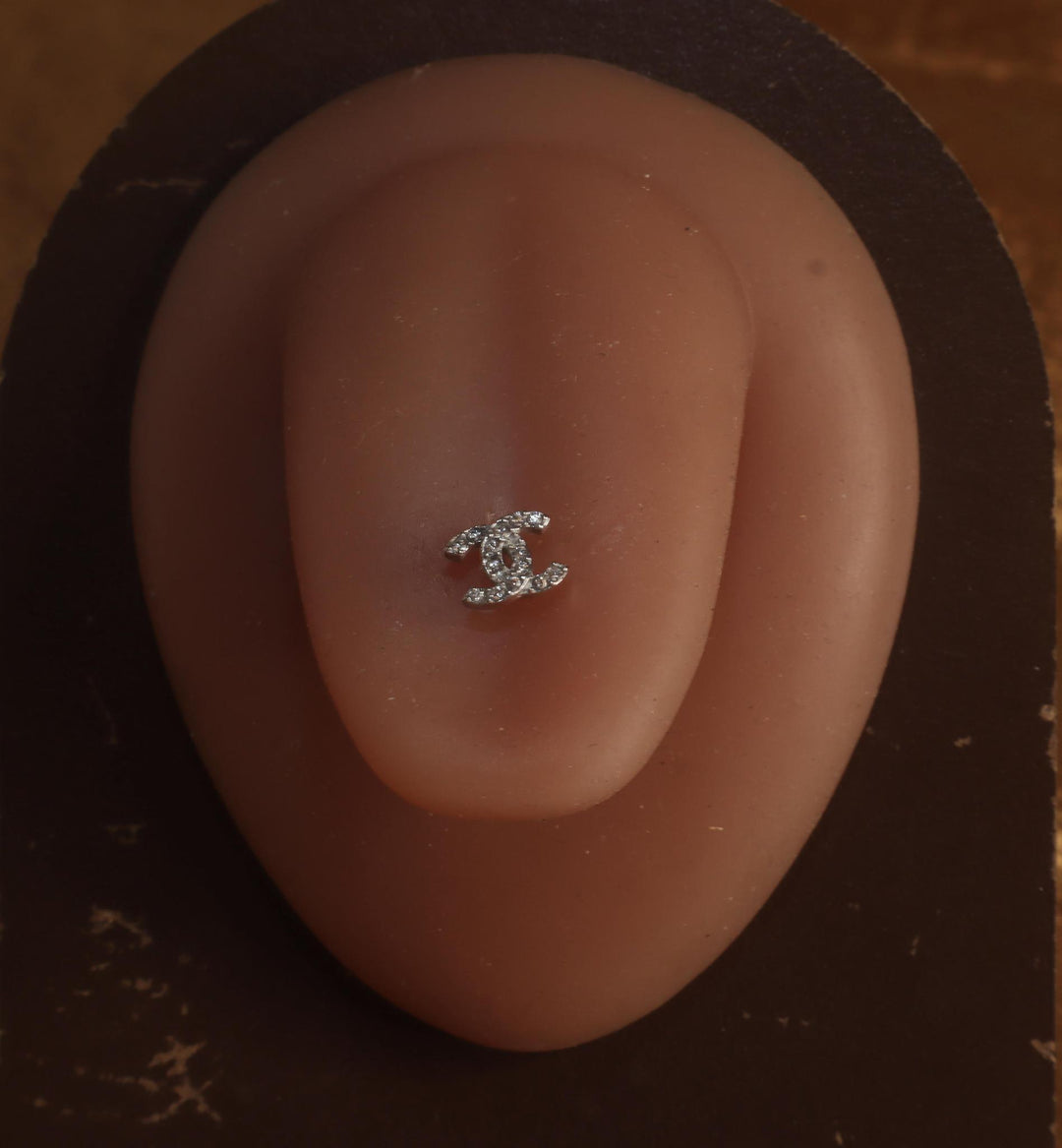 14G Steel Double CC Gem Tongue ring barbell piercing