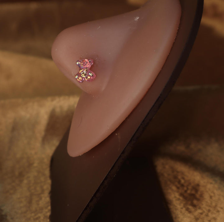 Glossy Colorful Teddy Bear Heart Nose Stud