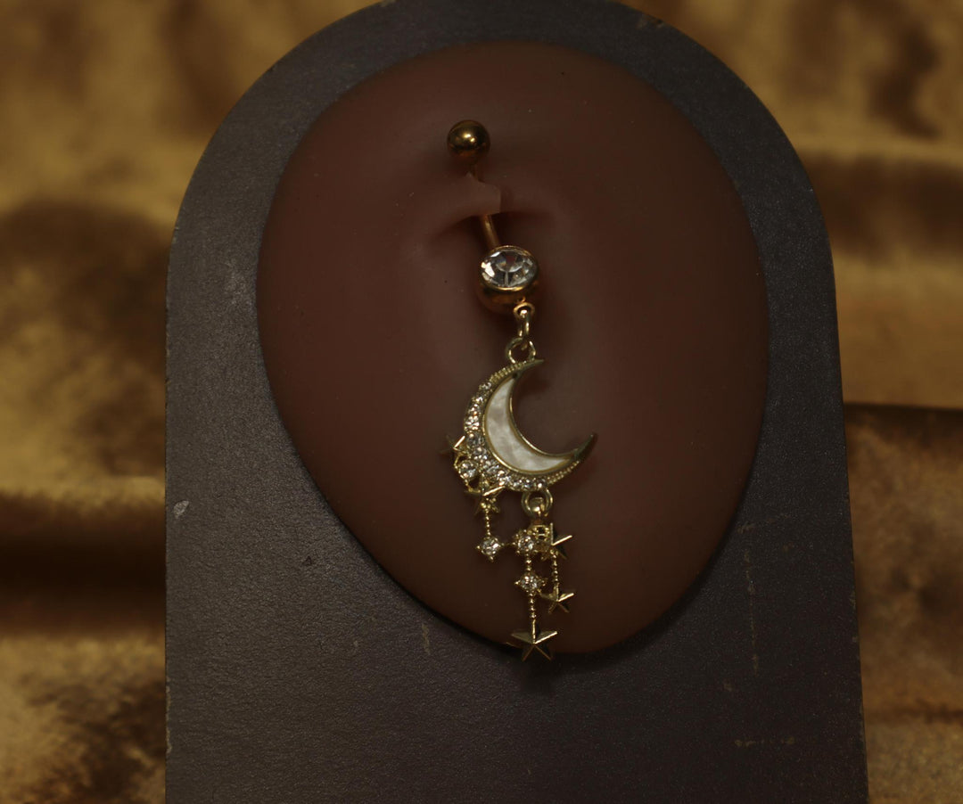 Shiny Half Moon and Dangle Star Belly Button Ring