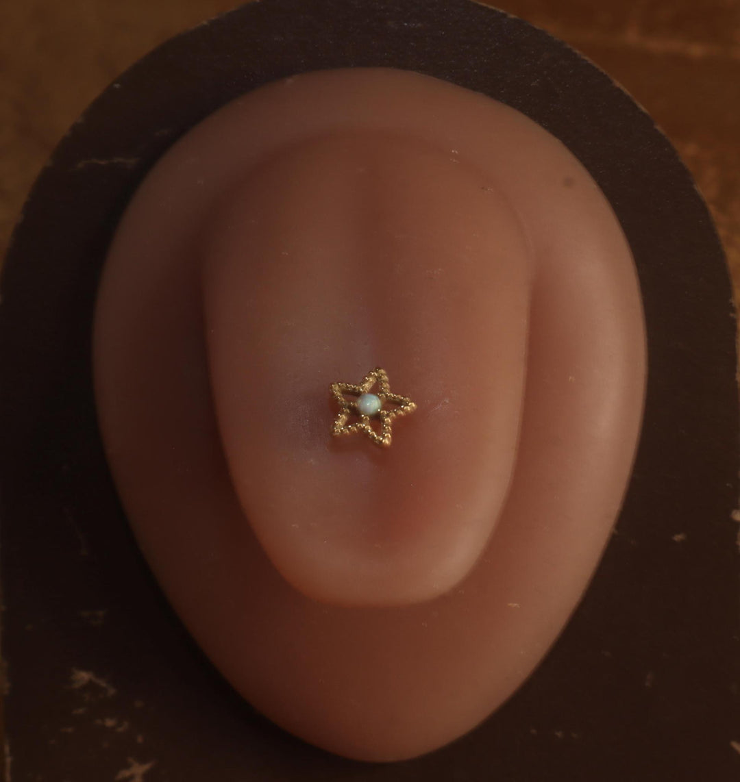 14G Steel Tongue Flower Blue Gem Ring barbell piercing