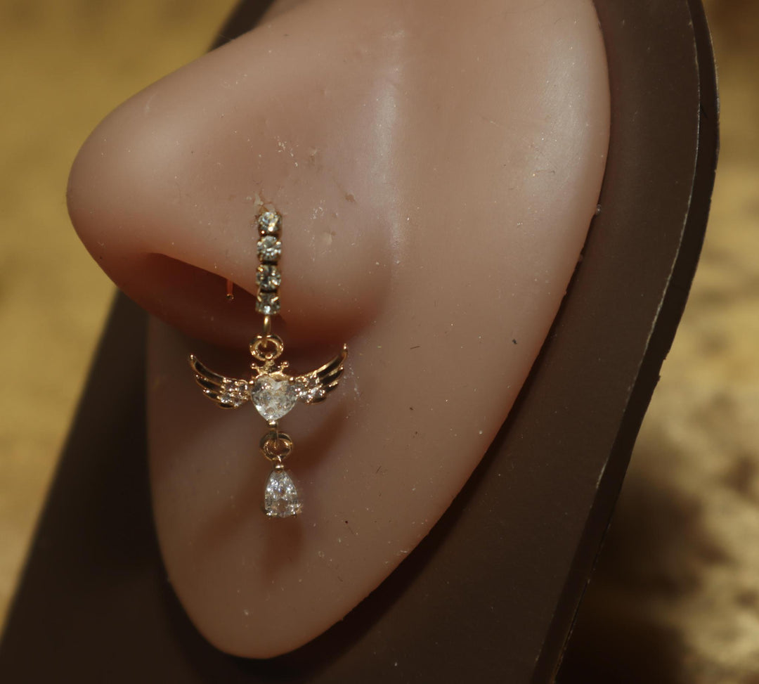Heart Dangle  Wing Nose Hoop
