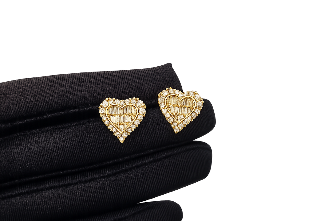 18K Gold Baguette CZ Heart Stud Earrings