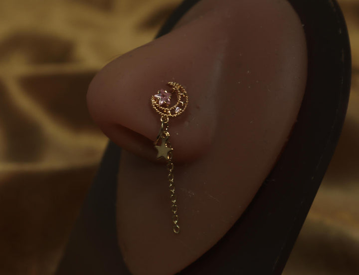 Half Moon with Pink Gem and Star Chain Nose Cuff Non Piercing