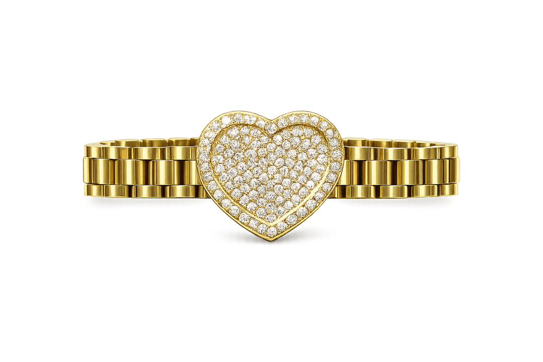 18K Gold Iced Heart Rollie Style Link Bracelet