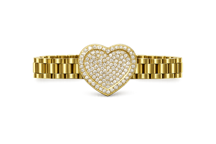18K Gold Iced Heart Rollie Style Link Bracelet