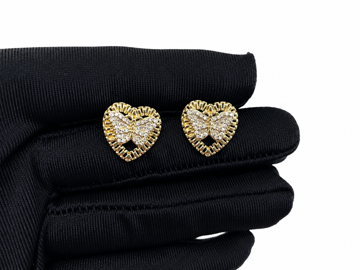 18K Gold Pavé Butterfly Heart Earrings