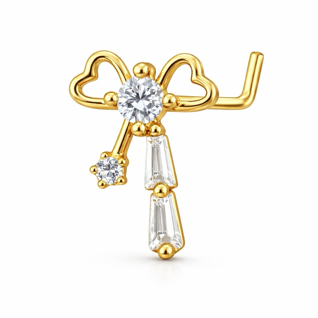 Double Heart Bow Nose Stud 20G L Shape