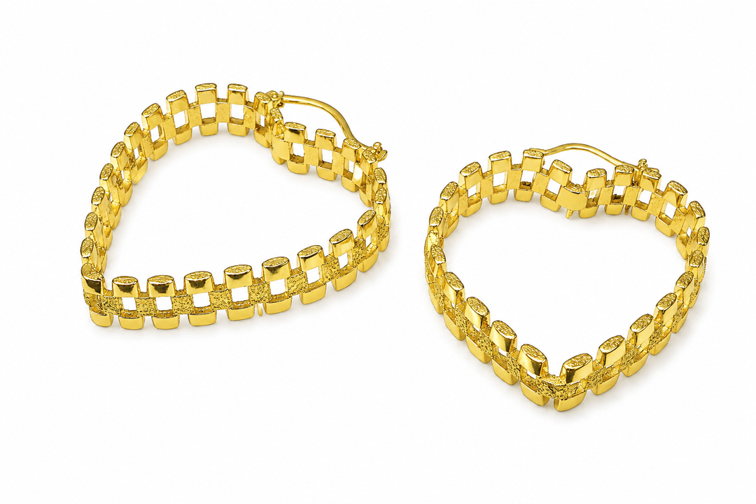18K Gold Textured Heart Bamboo Hoop Earrings