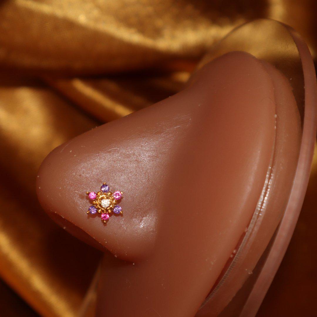 Pink Purple Cubic Zirconia Flower Nose Stud Ring Piercing