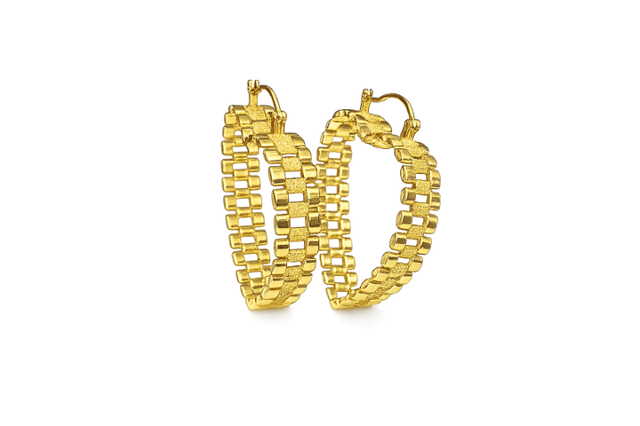 18K Gold Textured Heart Bamboo Hoop Earrings