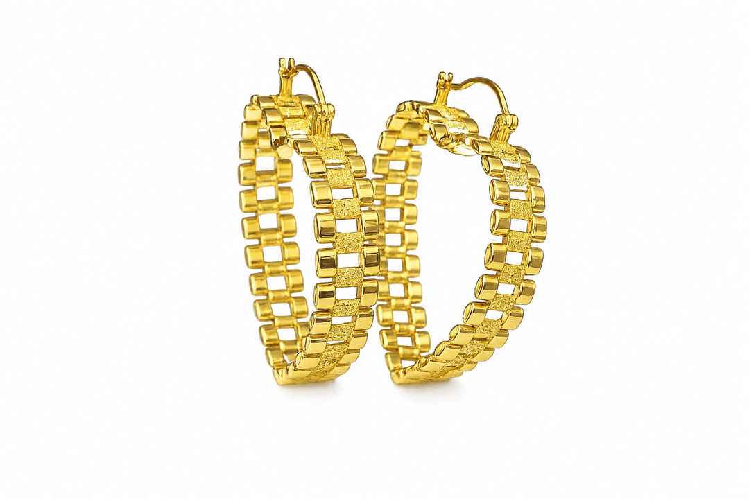 18K Gold Textured Heart Bamboo Hoop Earrings