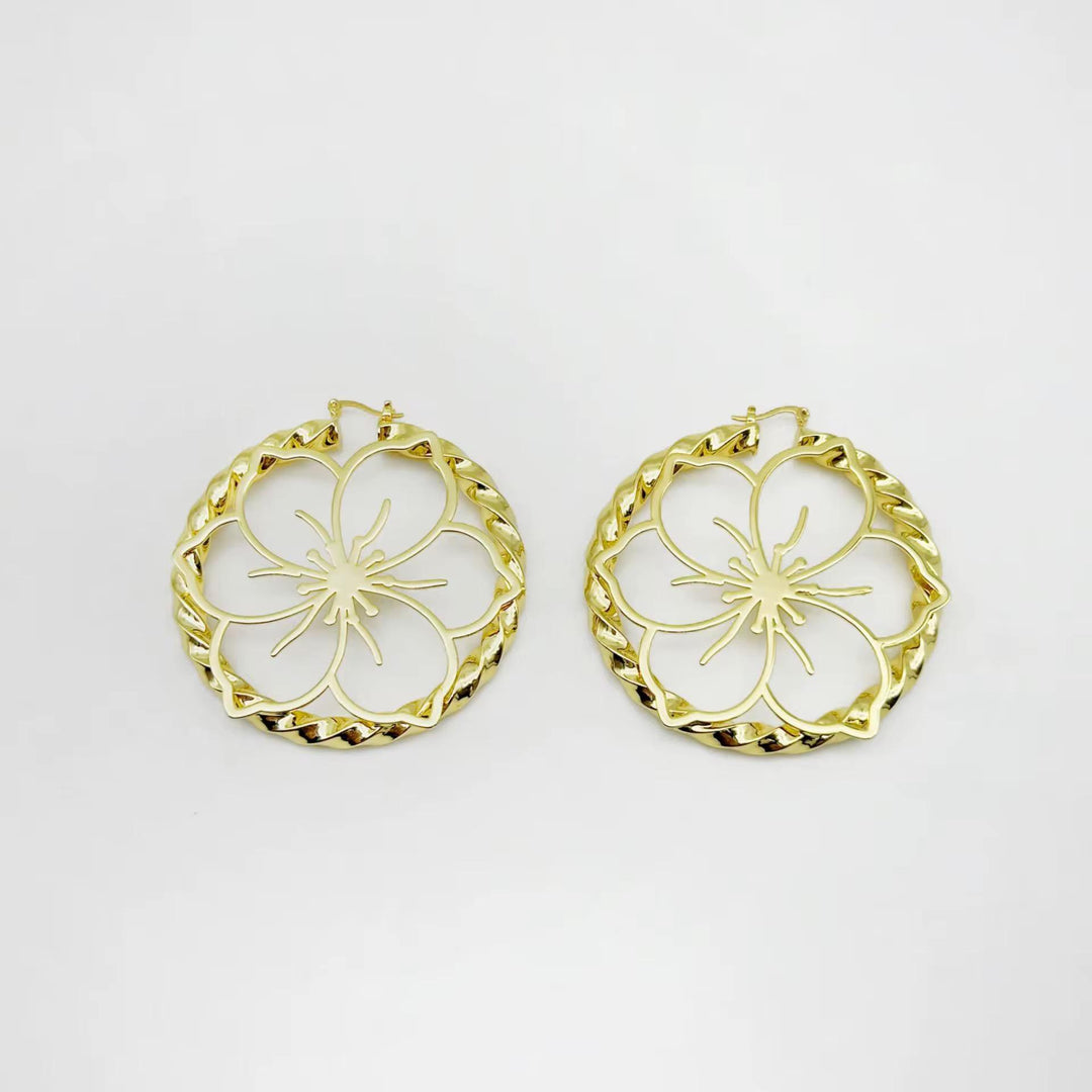 18K Gold Floral Big Bamboo Hoop Earrings