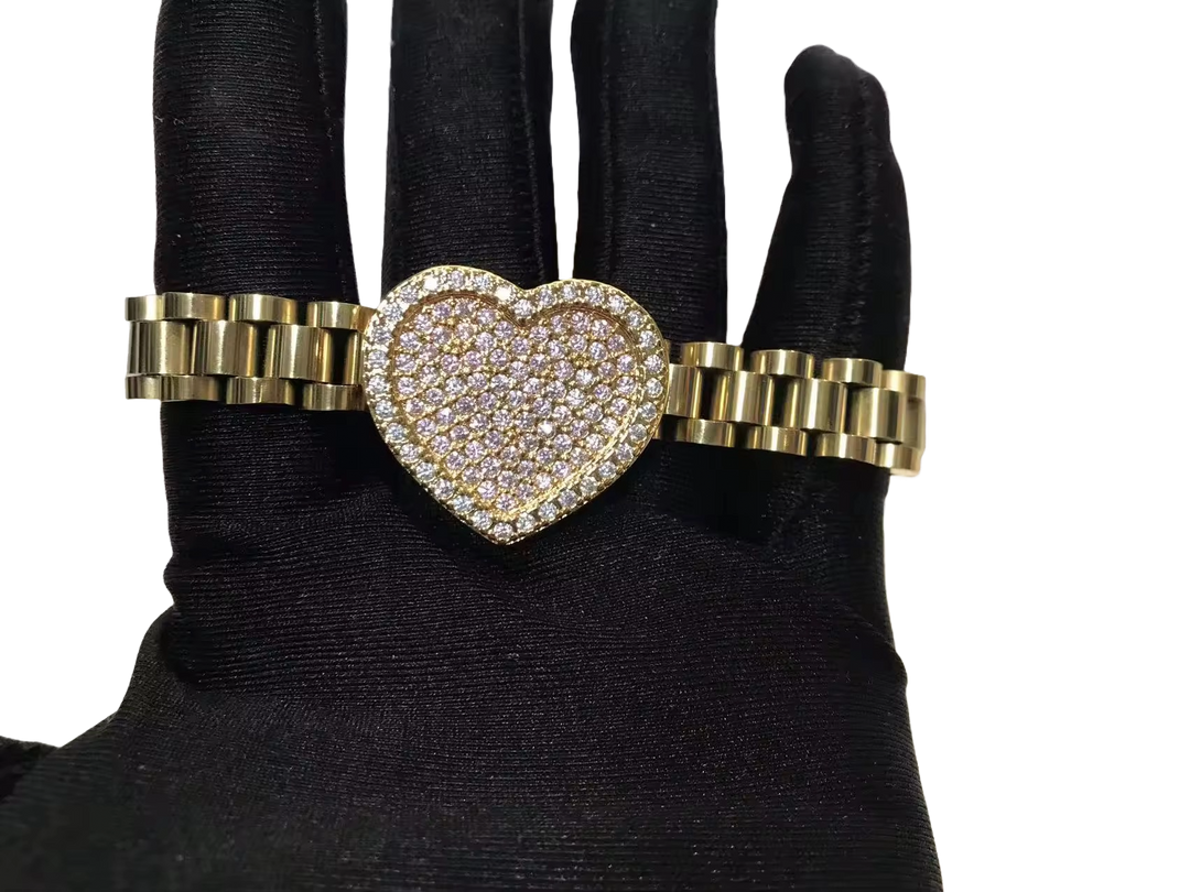 18K Gold Iced Heart Rollie Style Link Bracelet