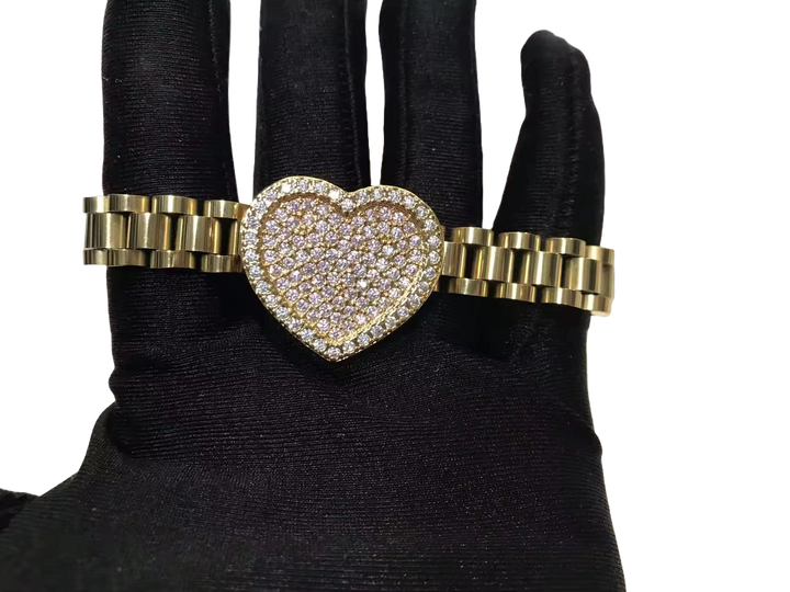 18K Gold Iced Heart Rollie Style Link Bracelet