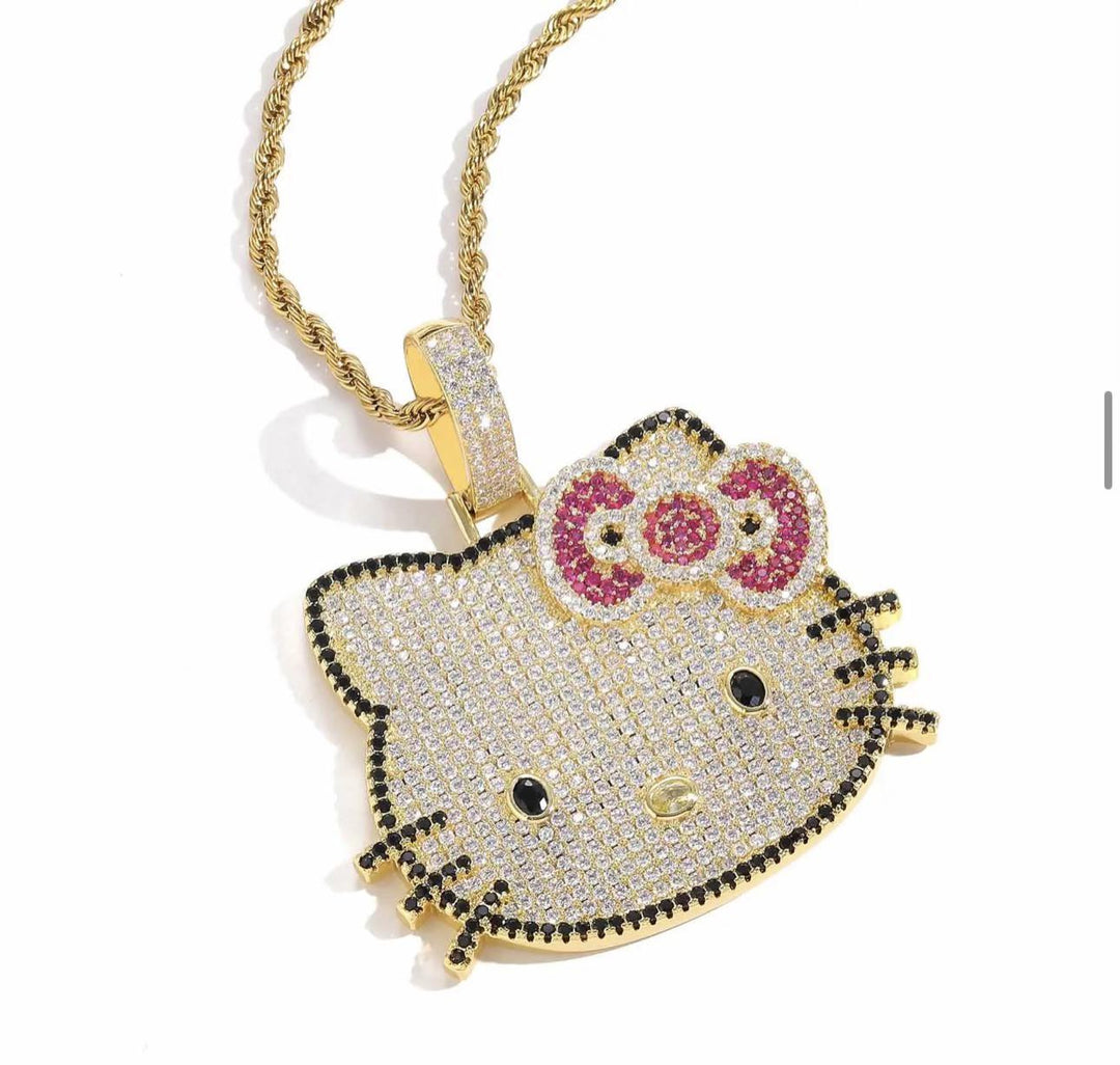 Pretty Cz Gems Iced Out Kitty Bow Necklace