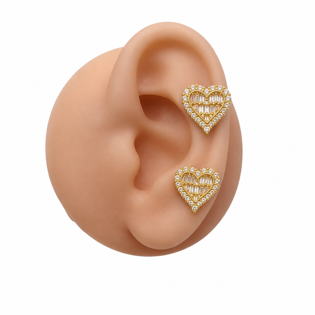 18K Gold Baguette CZ Heart Stud Earrings