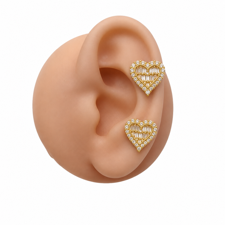 18K Gold Baguette CZ Heart Stud Earrings