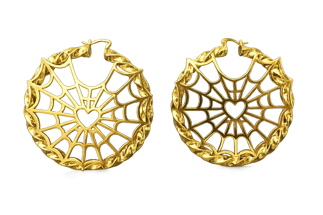 Gold Spiderweb Heart Bamboo Hoops