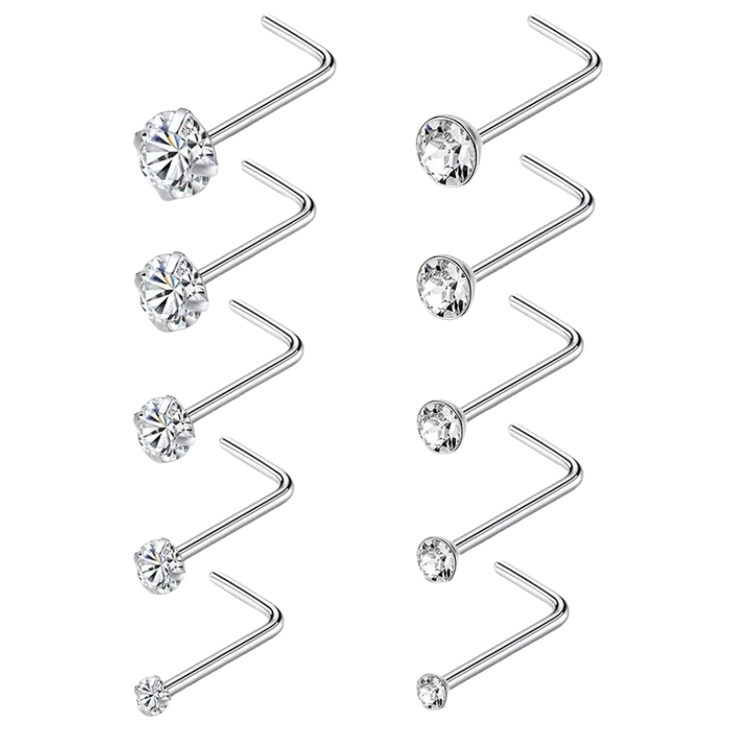 20G Set of 10 Stainless Steel L Shaped Nose Studs