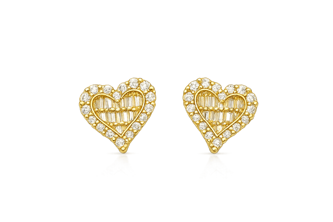 18K Gold Baguette CZ Heart Stud Earrings