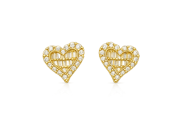 18K Gold Baguette CZ Heart Stud Earrings