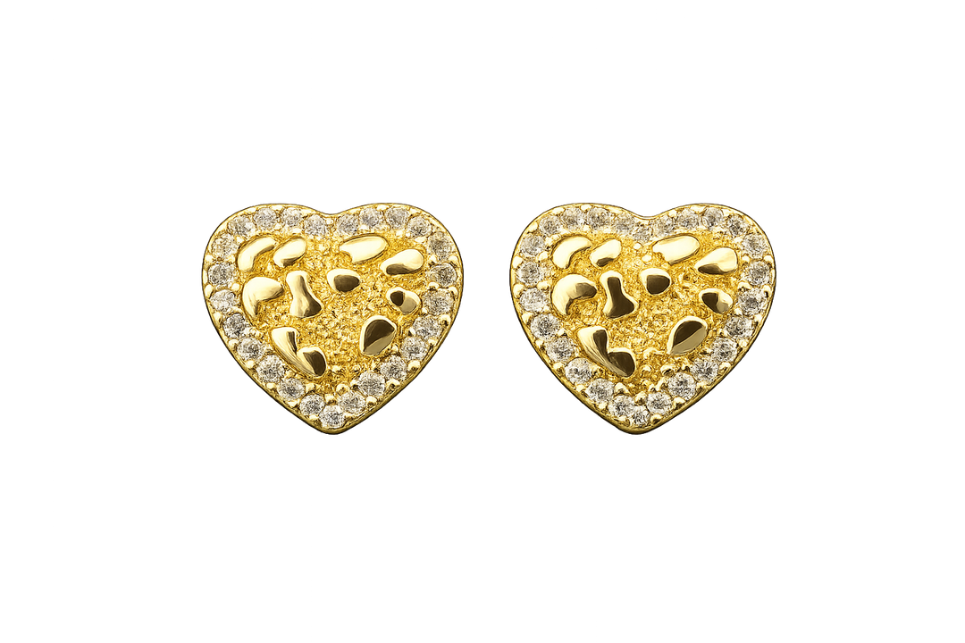 18K Gold Iced Nugget Heart Earrings