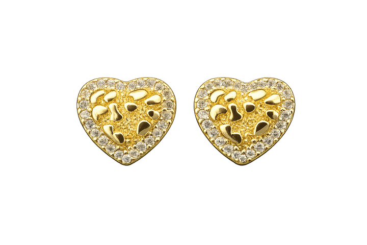 18K Gold Iced Nugget Heart Earrings