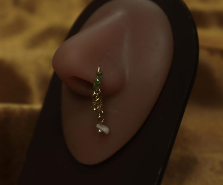 Wire Nose Hoop Green Gems White Charm Bead