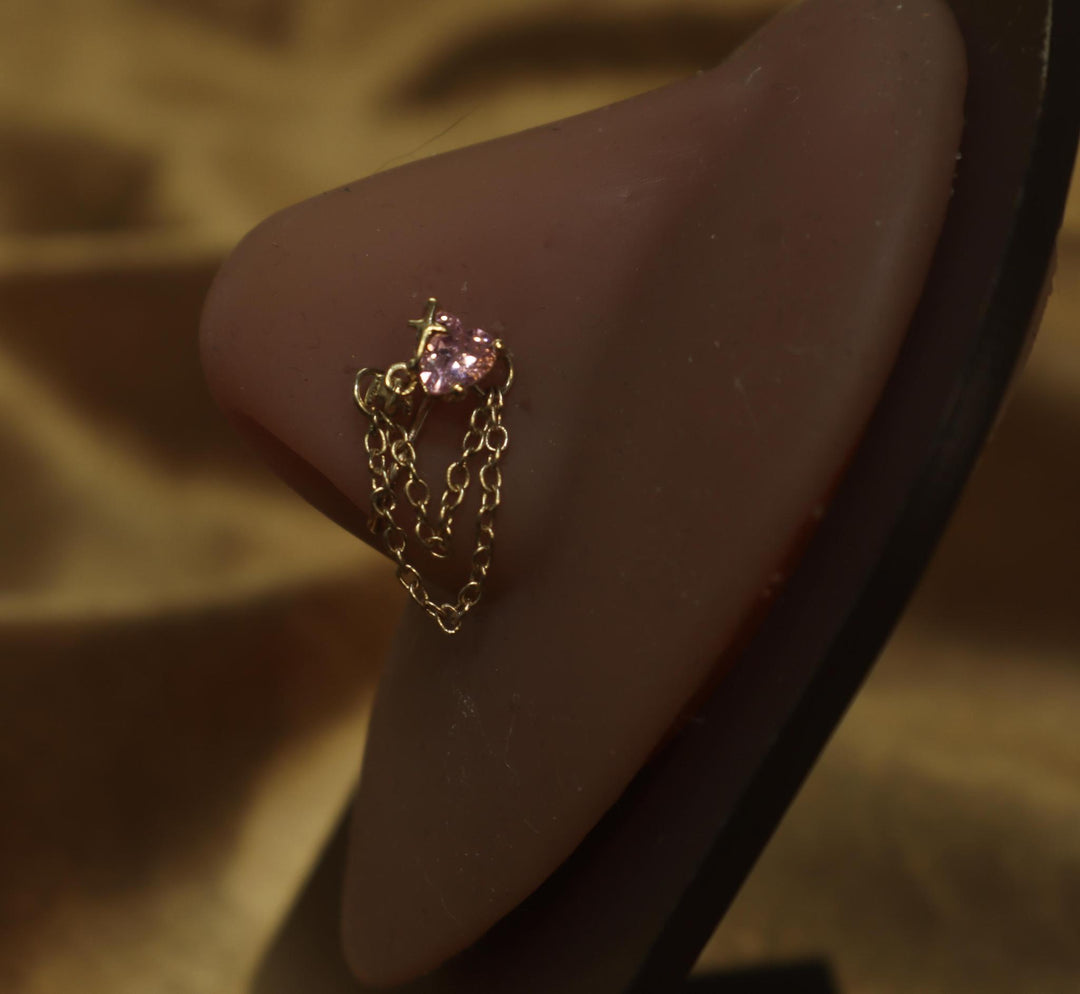 Star Side by Heart Chain Nose Cuff Non Piercing