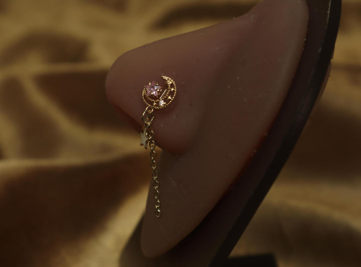 Half Moon with Pink Gem and Star Chain Nose Cuff Non Piercing