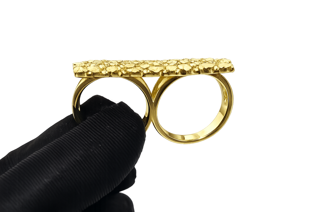 18K Gold Textured Square Nugget Double Ring