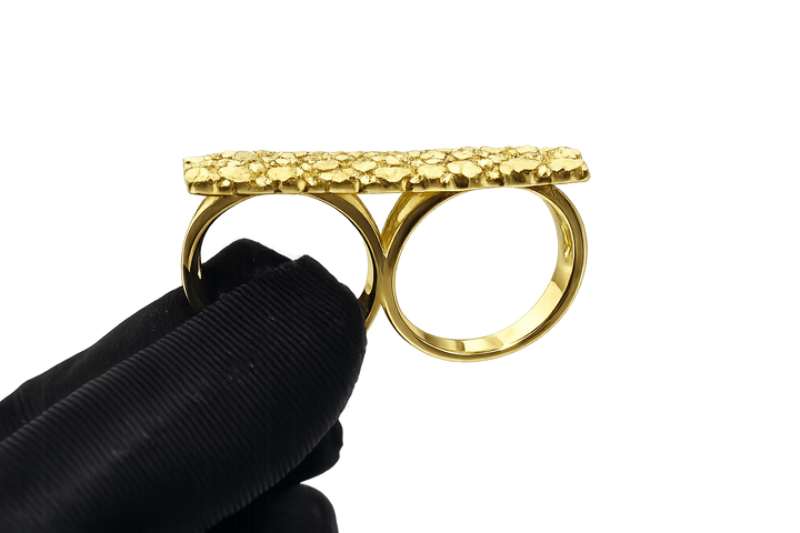 18K Gold Textured Square Nugget Double Ring