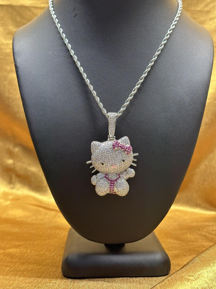 Cute Kitty Pink Bow Iced Out Pretty Pendant