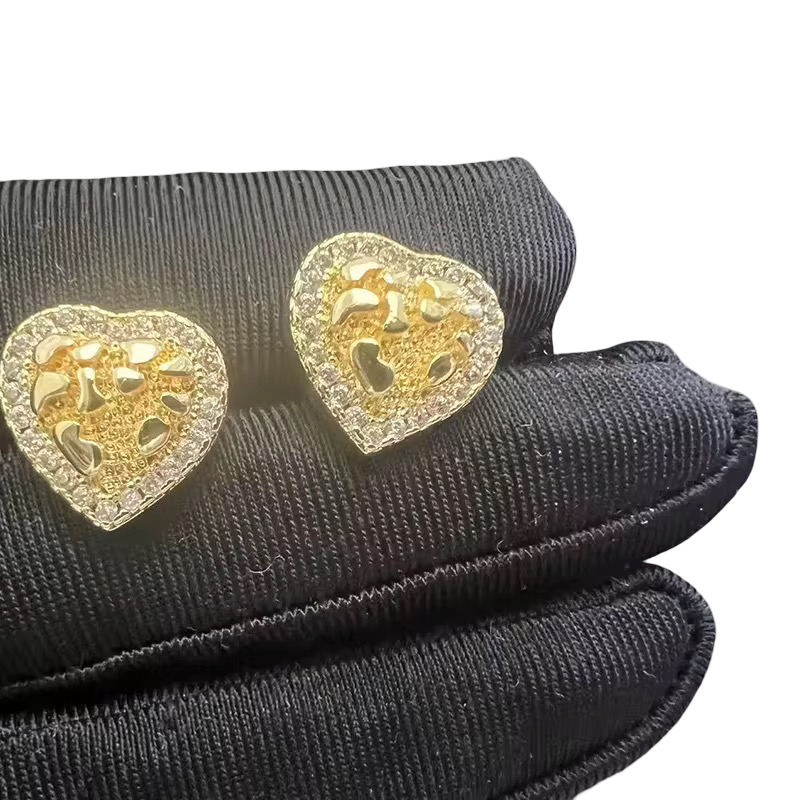 18K Gold Iced Nugget Heart Earrings