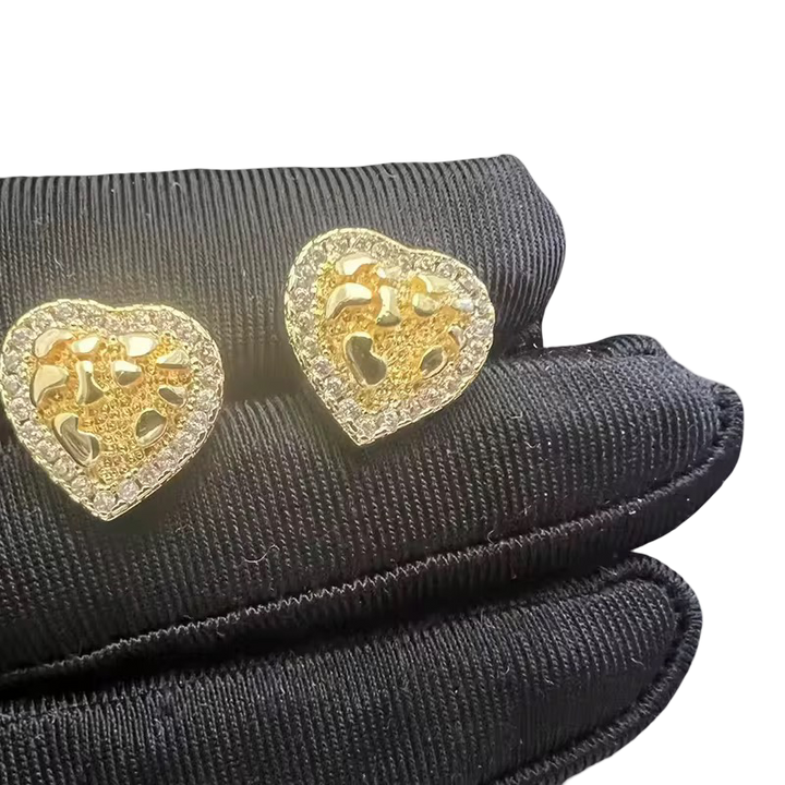 18K Gold Iced Nugget Heart Earrings