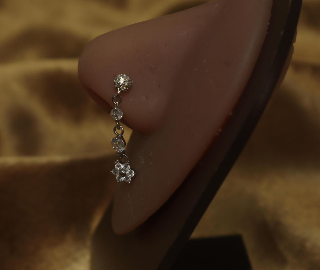 Dangle Silver Flower Nose Stud with L Shape Chain - YoniDa'Punani