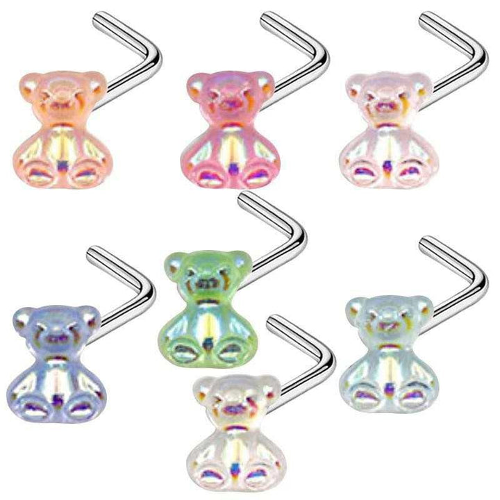 Glossy Colorful Teddy Bear Heart Nose Stud