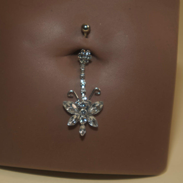 Steel Gem Flower Butterfly Navel Belly Button Ring