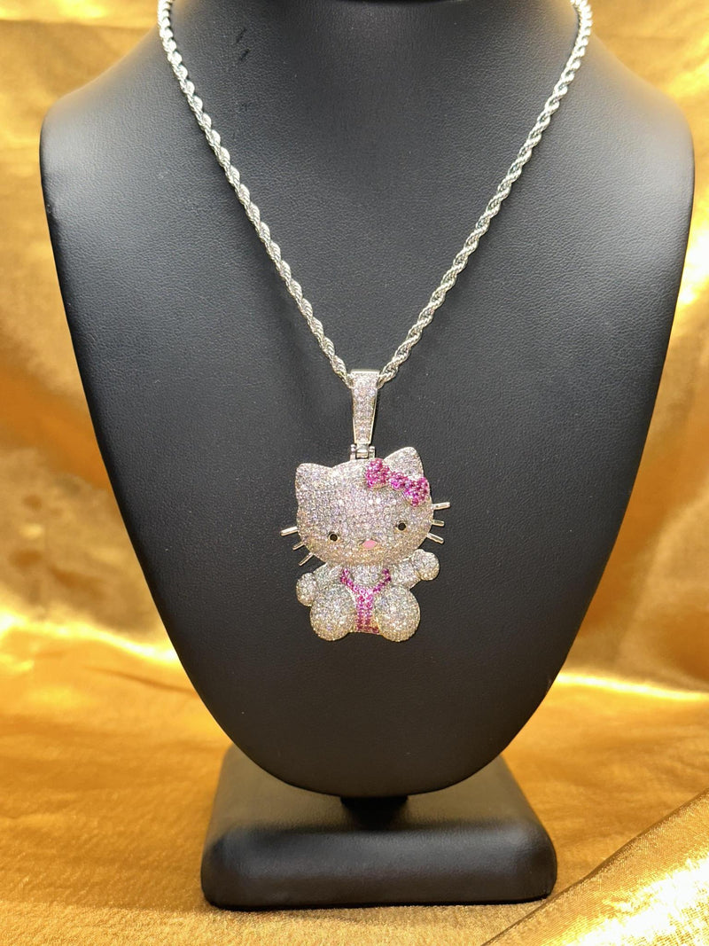 Cute Kitty Pink Bow Iced Out Pretty Pendant