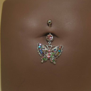 Steel Colorful Gems Steel Butterfly Navel Belly Button Ring - YoniDa'Punani