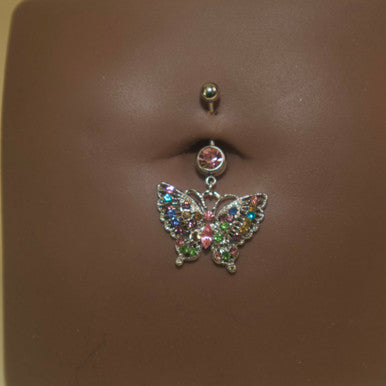 Steel Colorful Gems Steel Butterfly Navel Belly Button Ring - YoniDa&