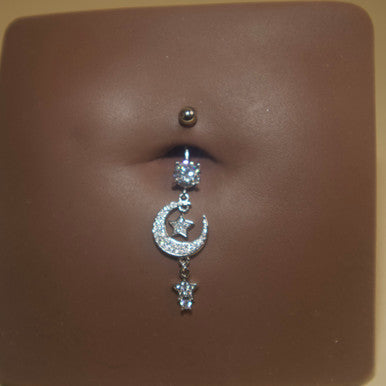 Steel Dangling Half-Moon Star Navel Belly Button Ring - YoniDa'PunaniBelly Button