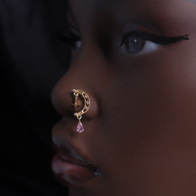 Dangle Cross Half Moon Gem Nose Stud Ring Piercing Jewelry - YoniDa'PunaniNose Stud