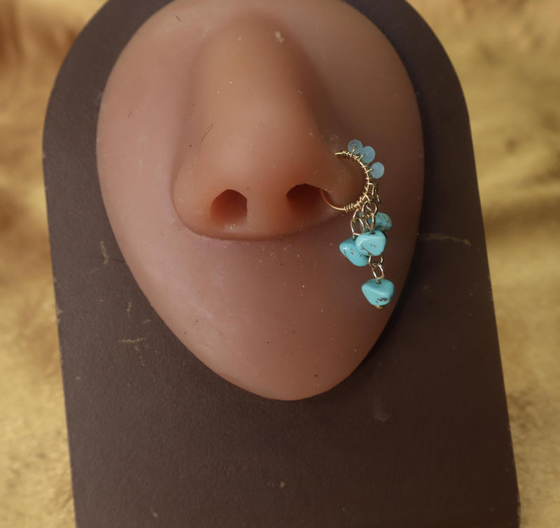 Azure Blue Crystal Beaded Dangle Nose Hoop - YoniDa&