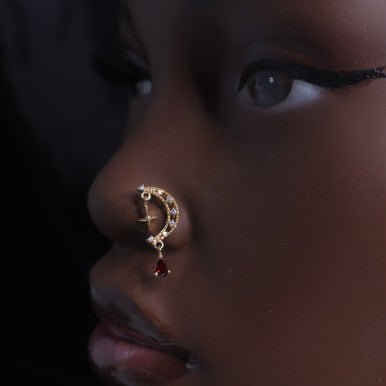 Dangle Cross Half Moon Gem Nose Stud Ring Piercing Jewelry - YoniDa'PunaniNose Stud