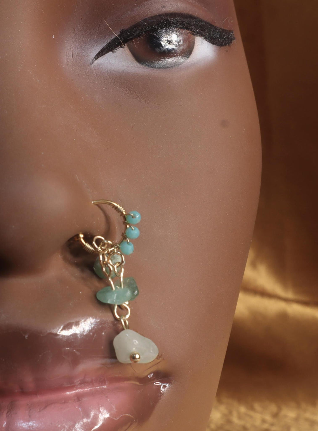 Dangle Jade blue Crystal Stone Faux Nose Cuff Hoop - YoniDa'Punani